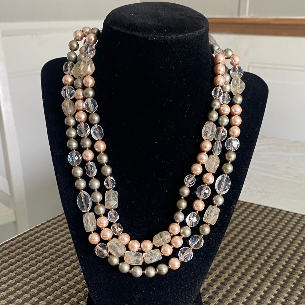 Triple-Strand Pearl & Crystal Necklace in Peach and Silver-Tone